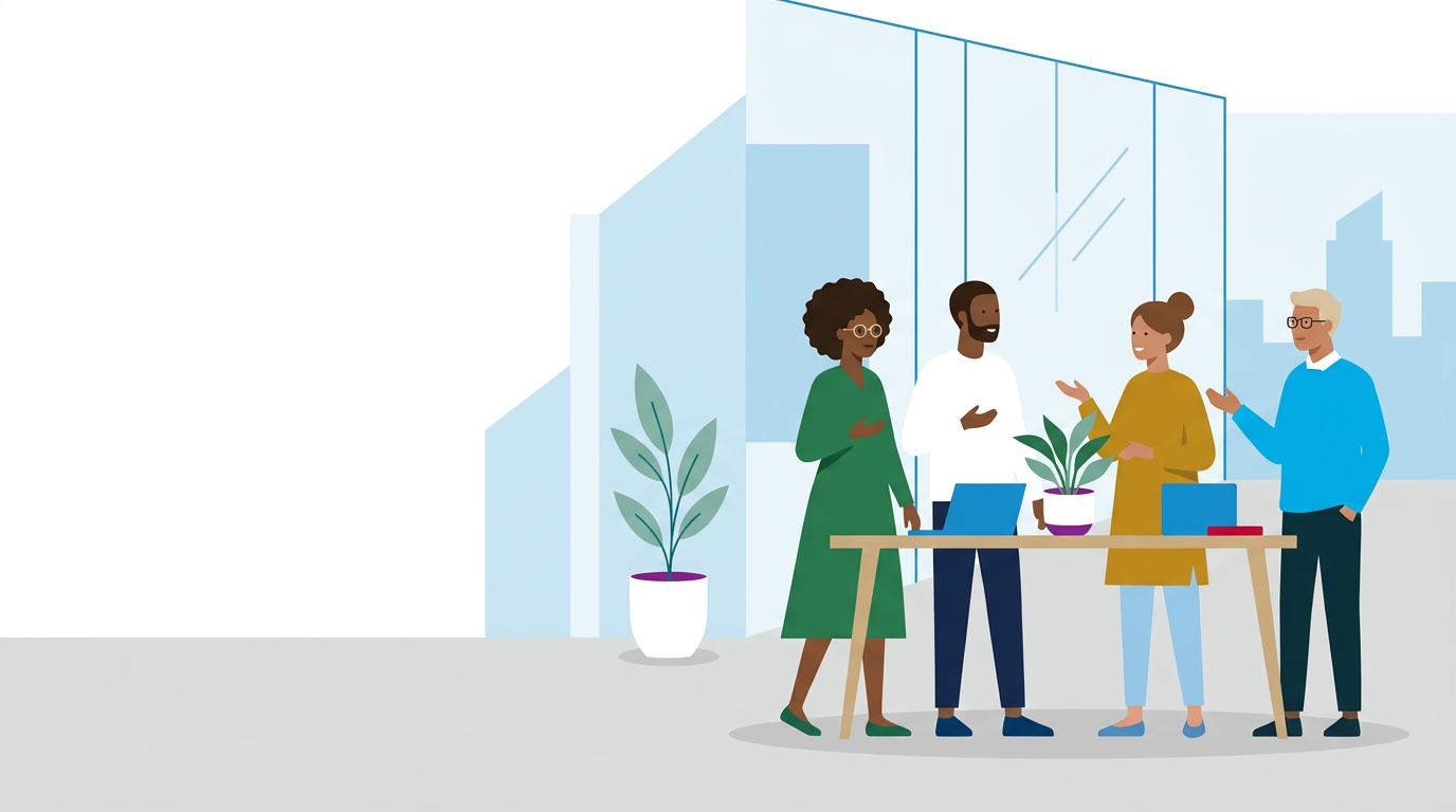 Illustrated colleagues in conversation in a modern workplace, in Reliance Matrix brand colors